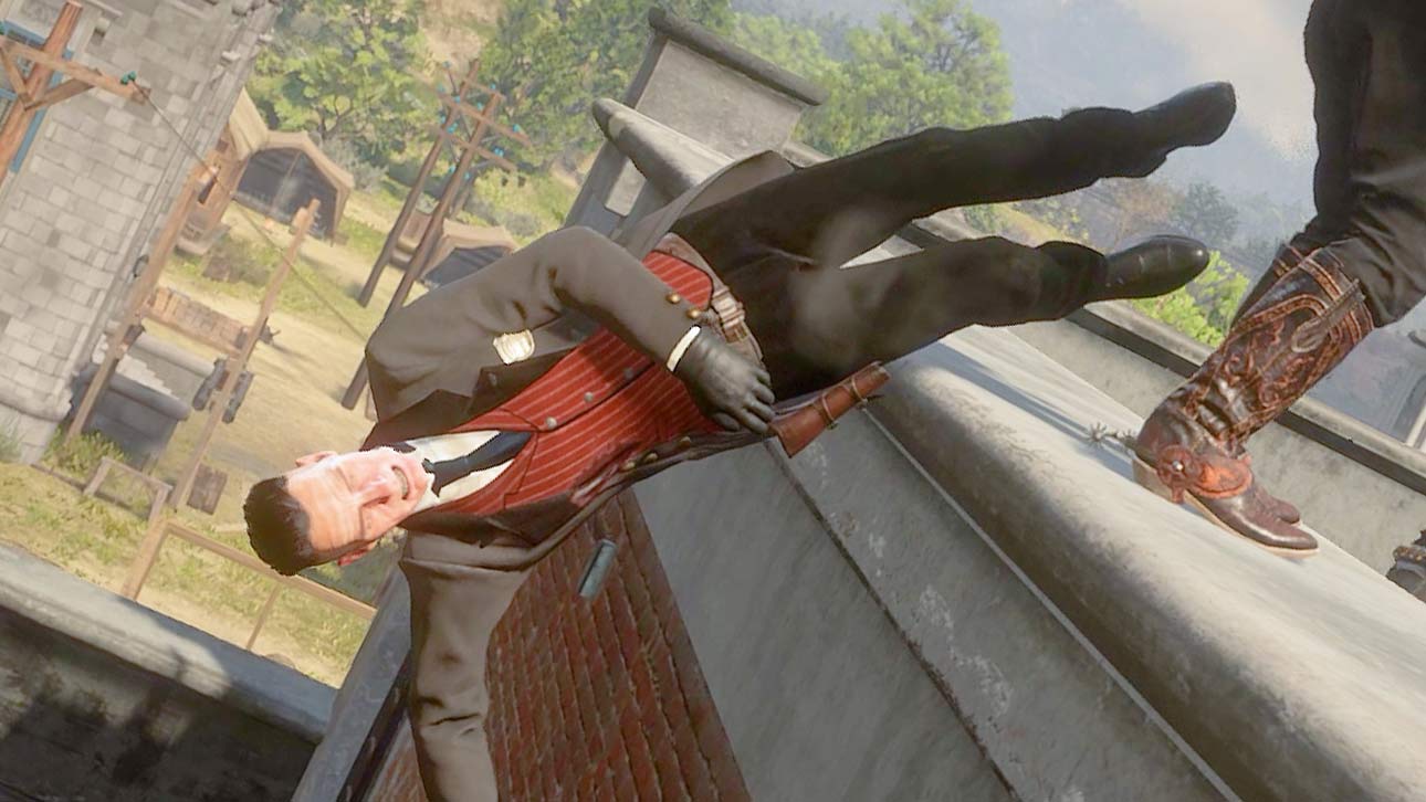 Agent Milton falling from the roof of a building