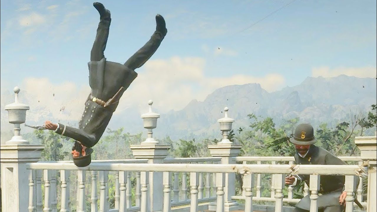A policeman does a somersault while jumping over the railing