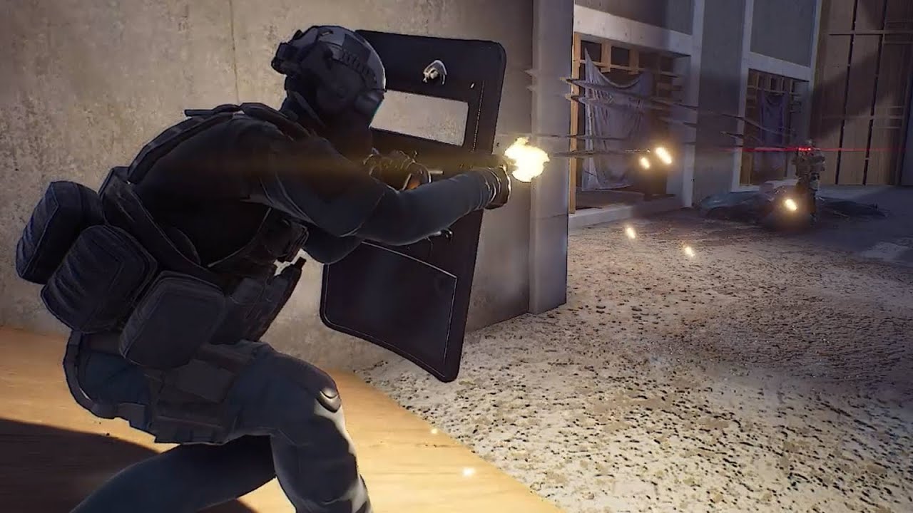 NPC shoots from behind a bulletproof shield